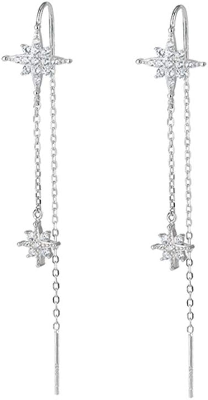 SLUYNZ Sterling Silver CZ Star Dangle Earrings Tassel for Women Teen Girls Long Dangle Earrings T... | Amazon (US)