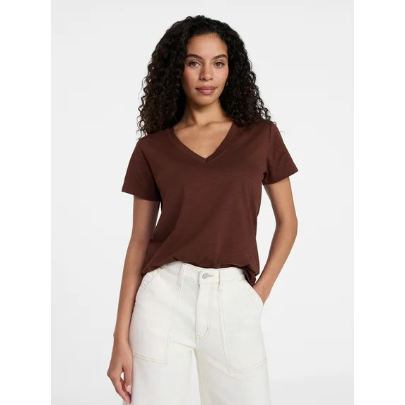 Time and Tru Women's Slub V Neck Tee with Short Sleeves, Sizes XS-XXXL | Walmart (US)