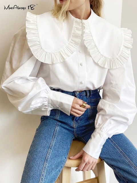 Mnealways18 Big Peter Pan Collar Ruffle Womens Blouse Long Sleeve White Cotton Casual Tops Female... | AliExpress (US)