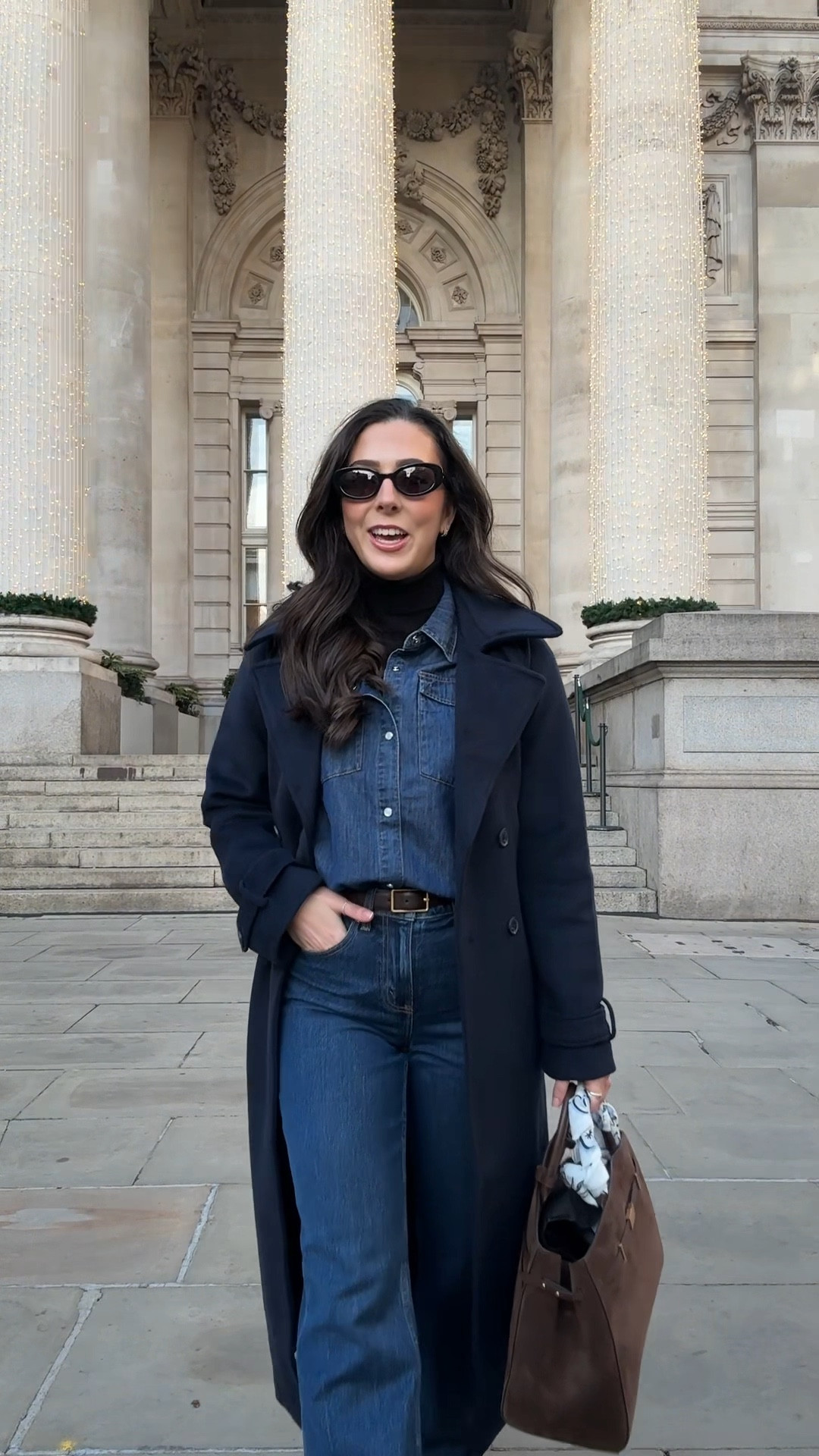 OOTD from this weekend in London 👖 30% off the coat and jeans plus an extra 15% off with code AFXLTK & 20% off my bag with code BF20. I can’t link the shirt on LTK but I’ve linked similar - I wear size medium tall in the coat, small in the jumper and w25 long in the jeans! Winter outfit inspo, double denim, dark denim jeans, high waisted straight leg jeans, navy wool coat, DeMellier handbag

#LTKSeasonal #LTKCyberWeek #LTKSaleAlert