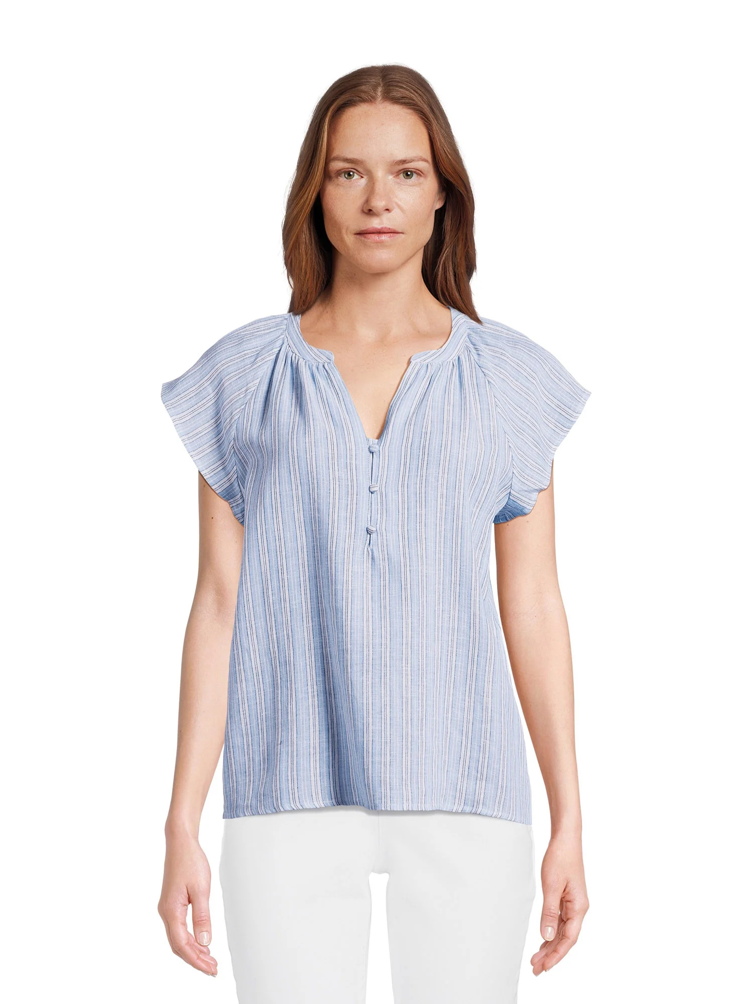 Time and Tru Women's Split Neck Top with Flutter Sleeves, Sizes XS-XXXL | Walmart (US)