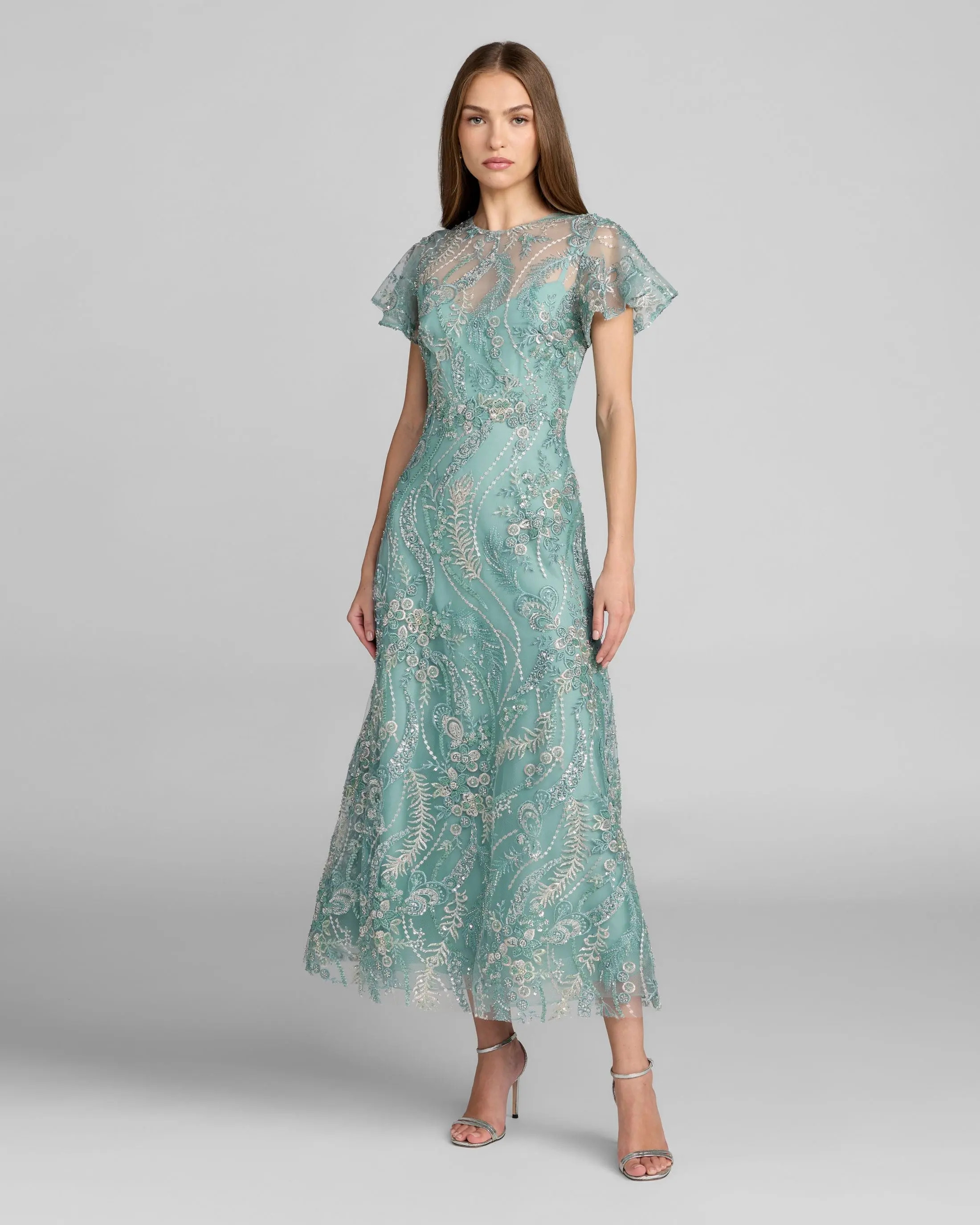 Blue Embroidered Flutter Sleeve Midi Dress | Mac Duggal | Mac Duggal