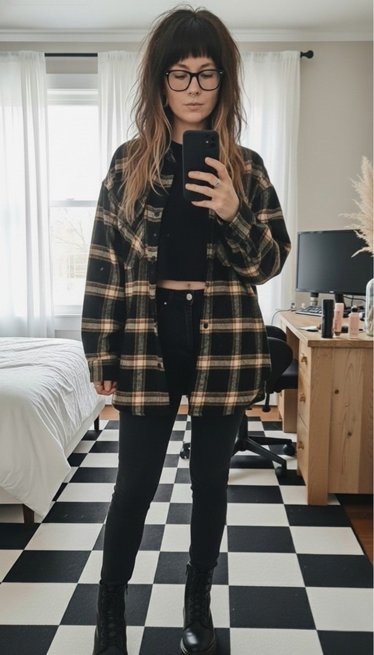 The ultimate cool-girl uniform for the transition season. 🖤 Keeping it edgy with this oversized flannel and a sleek black base. I paired a cropped tee with high-waisted skinny jeans and my favorite platform combat boots for a look that’s equal parts comfy and grit. This flannel is the perfect layering piece—size up for that effortless borrowed-from-the-boys fit!

Shop the look:
• Oversized Plannel Shirt (wearing size L for fit)
• Black Mock Neck Crop Top
• High-Rise Black Denim
• Chunky Platform Combat Boots

#LTKMidsize #LTKSeasonal #LTKootd