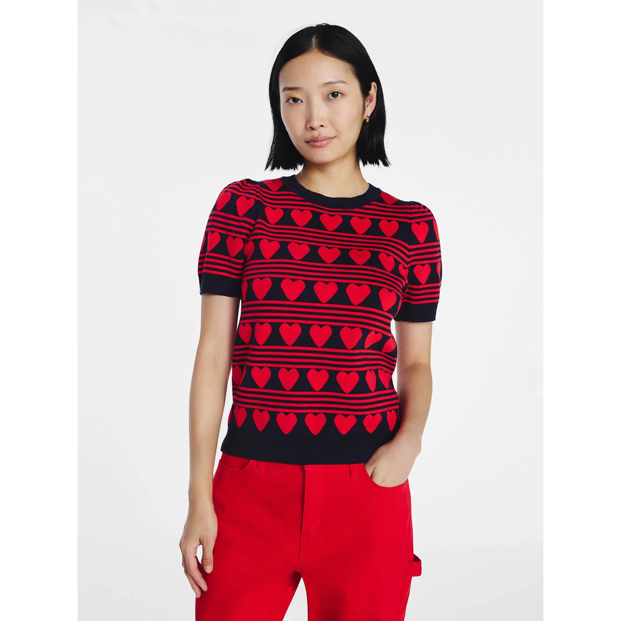 Free Assembly Women's Hearts Sweater Tee with Short Puff Sleeves, Sizes XS-XXL | Walmart (US)