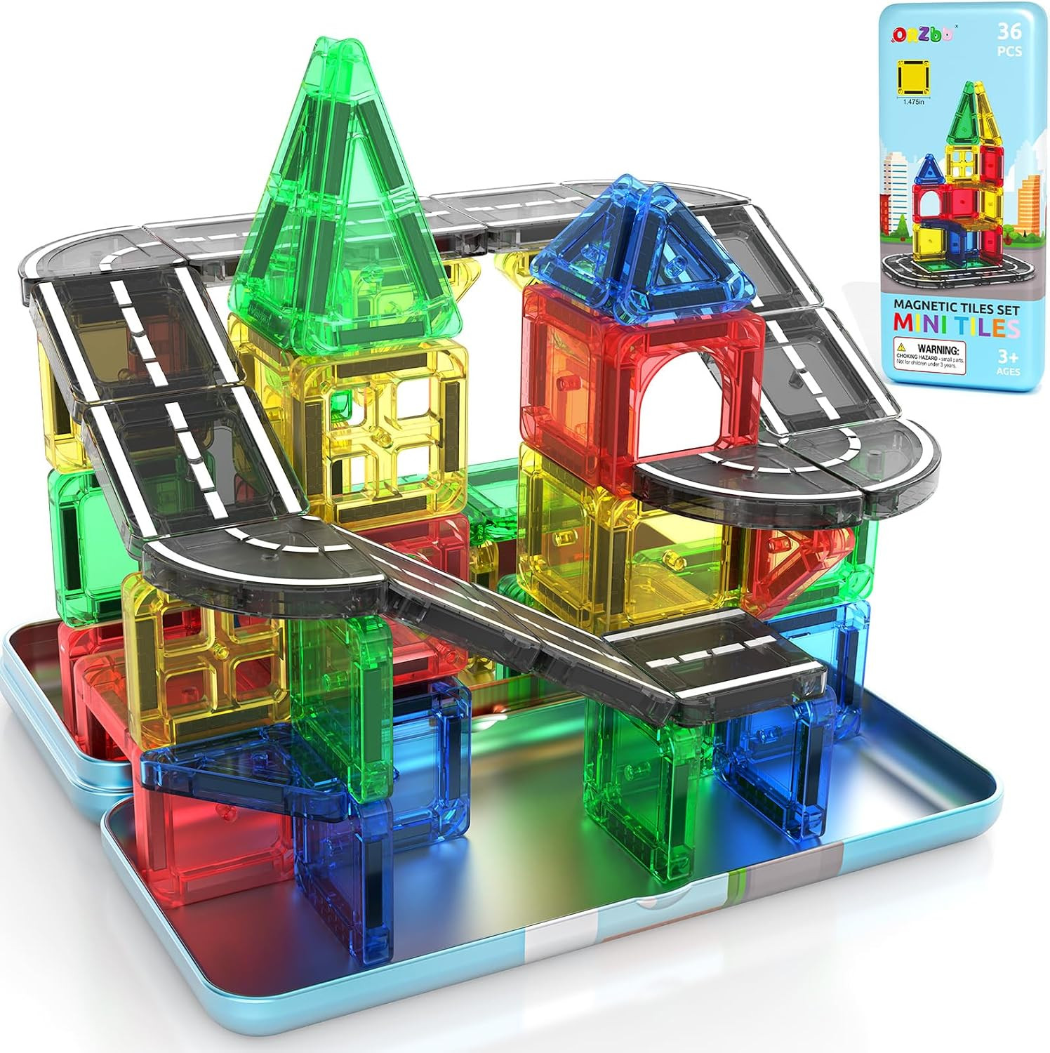 ORZbb Mini Magnetic Tiles Road with Case Toddler Travel Toys Trip Essentials Set, Magnetic Building Blocks Toys for 3 4 5+ Year Old Boys Girls Montessori Sensory Learning Easter Birthday Gifts | Amazon (US)
