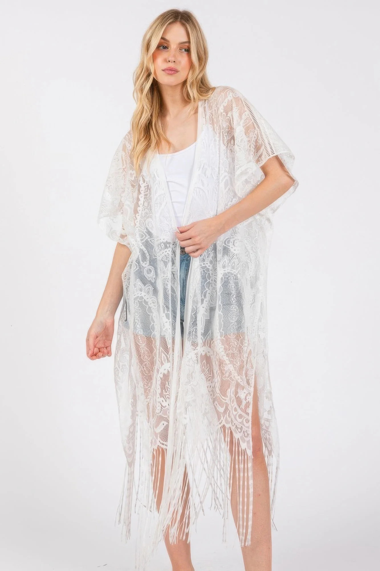 FASHNZFAB Elegant Lace Fringe Cover Up Kimono | Shop Simon