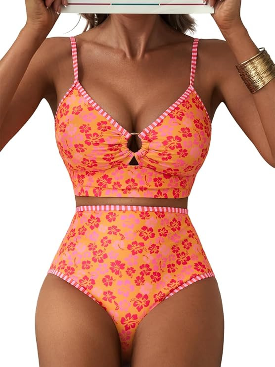 Herseas Women's O Ring Bikini Sets 2 Pieces Floral Print Swimsuits High Waisted Bathing Suits | Amazon (US)