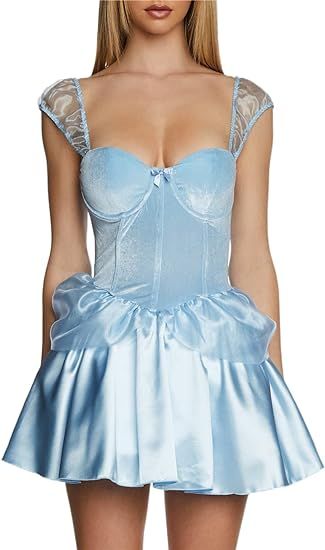Women Cap Sleeve Square Neck Mini Dress Sleeveless A-Line Aesthetic Fairy Princess Dress Birthday... | Amazon (US)