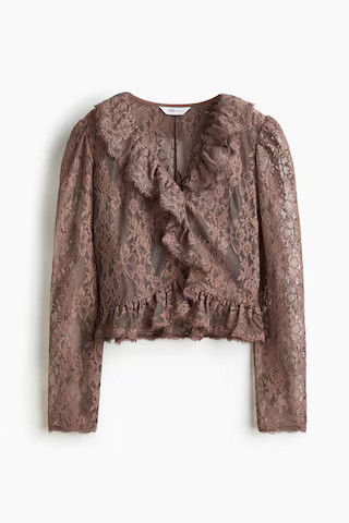 H & M - Ruffle-Trimmed Lace Top - Dark Taupe | H&M (US, CA, MX)