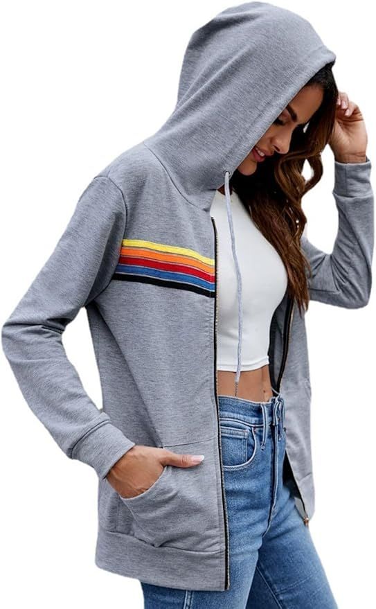 Womens Zip Up Y2K Hoodies Casual Trendy Rainbow Stripe Track Jackets Lightweight Oversized Coats ... | Amazon (US)