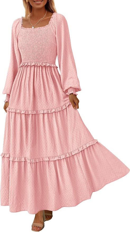 PRETTYGARDEN Women's Boho Smocked Long Sleeve Maxi Dress | Amazon (US)