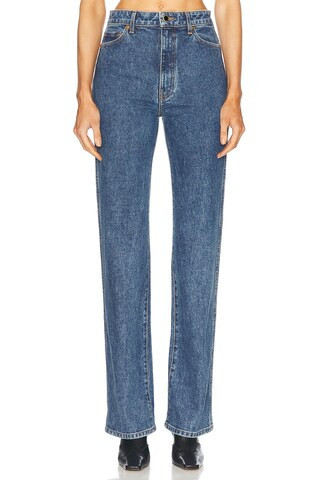 KHAITE Danielle Straight Leg Jeans in Boone - Blue. Size 32 (also in 24, 25, 27, 28, 29, 30, 31). | FWRD 