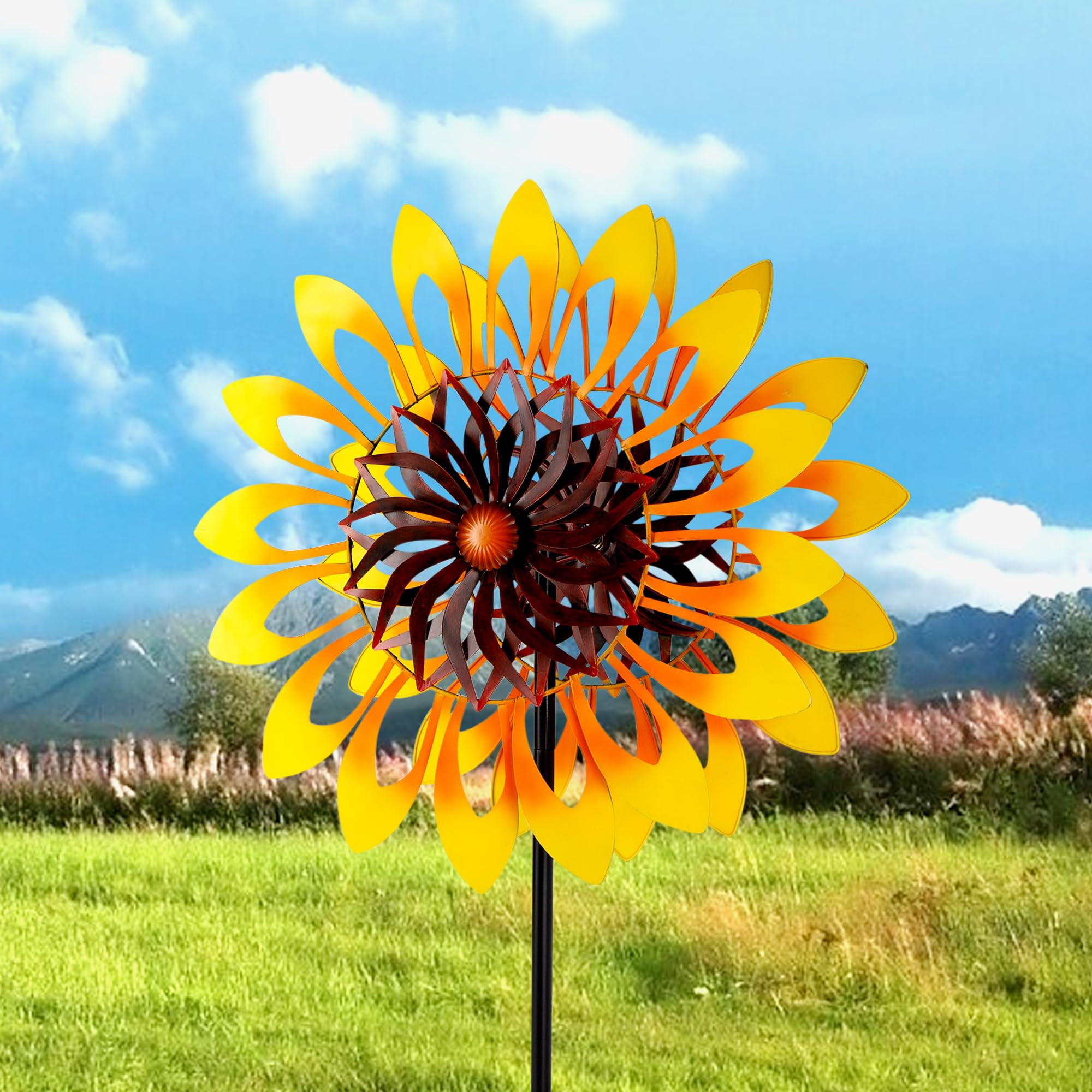 Sunflower Wind Spinners, 360 Degrees Swivel Metal Wind Sculptures, 76" Large Garden Pinwheels for... | Amazon (US)
