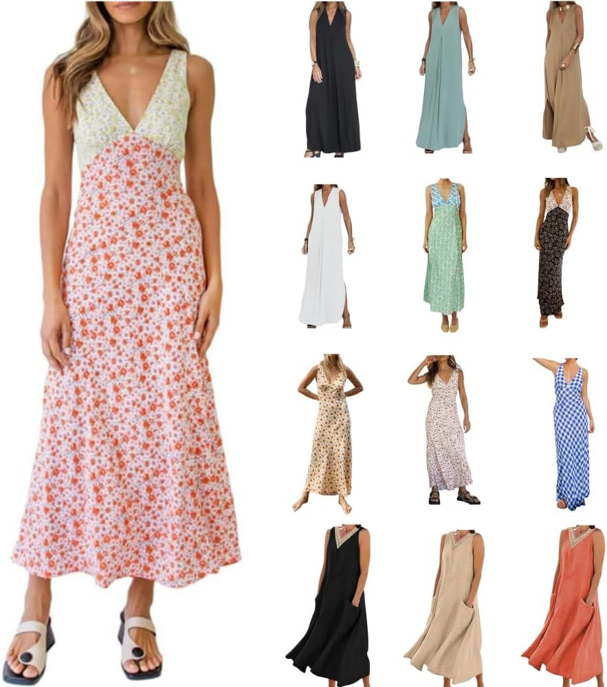 Womens Boho Dresses V Neck Sleeveless Long Dress Floral Maxi Dress A Line Swing Flowy Sundress Pl... | Amazon (US)