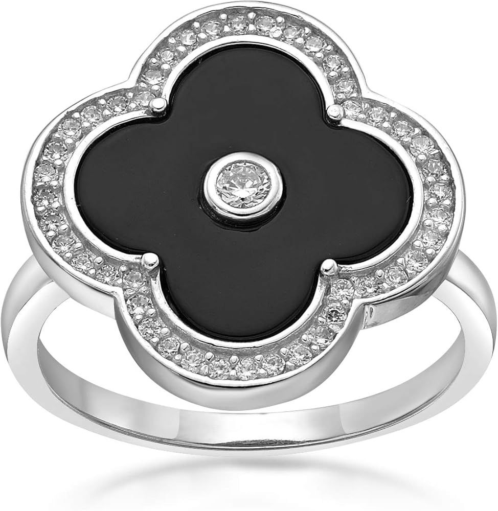 Black Onyx Flower Ring in 925 Sterling Silver with Rhodium Plating Size 6 by Lavari Jewelers | Amazon (US)