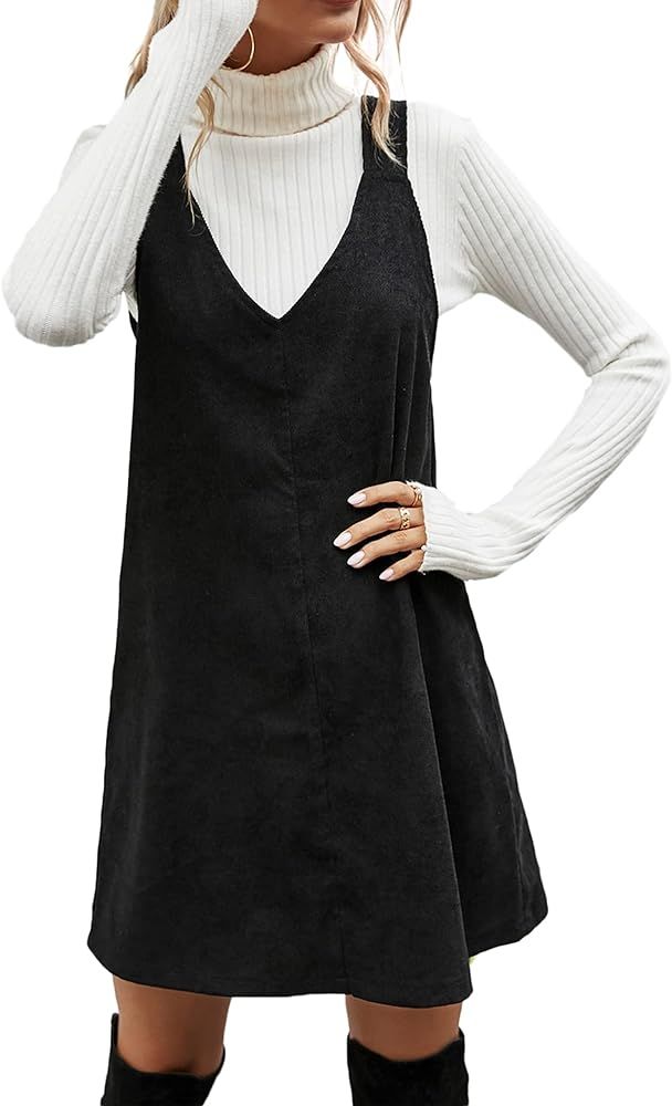 Milumia Women's Corduroy Overall Dress V Neck Sleeveless Solid Short Pinafore Dress | Amazon (US)