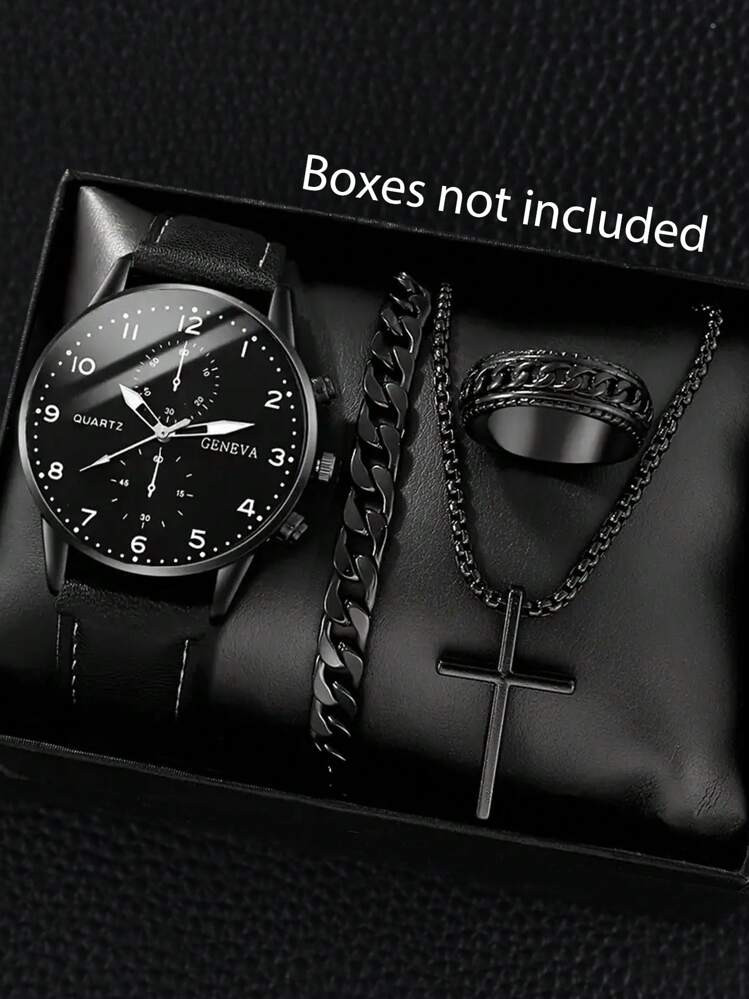 4pcs Children's Casual Quartz Watch Set With Black Dial And Fashion Accessories - Perfect Gift For Father's Day, Valentine's Day, Easter, Birthday And Christmas | SHEIN