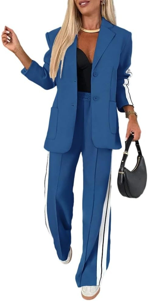 CHICME Womens Two Piece Outfits Striped Side Button Blazer and Pants with Pockets Sets Business C... | Amazon (US)