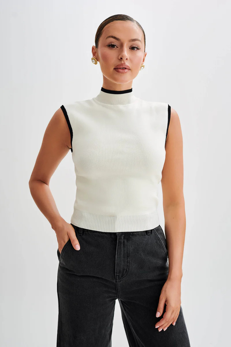 Laurina High Neck Contrast Top - Ivory | MESHKI US