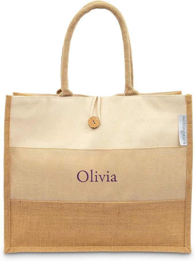 Weddingstar Large Personalized Reusable Canvas and Jute Fabric Beach Tote Bag | Amazon (US)