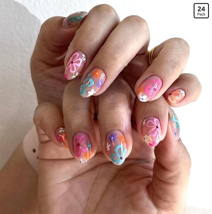 Cute Flowers Press on Nails Short Almond False Nails with Colorful Floral Design Full Cover Glue ... | Amazon (US)