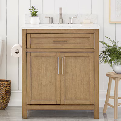 allen + roth Connery 30-in Golden Oak Undermount Single Sink Bathroom Vanity with White Engineere... | Lowe's