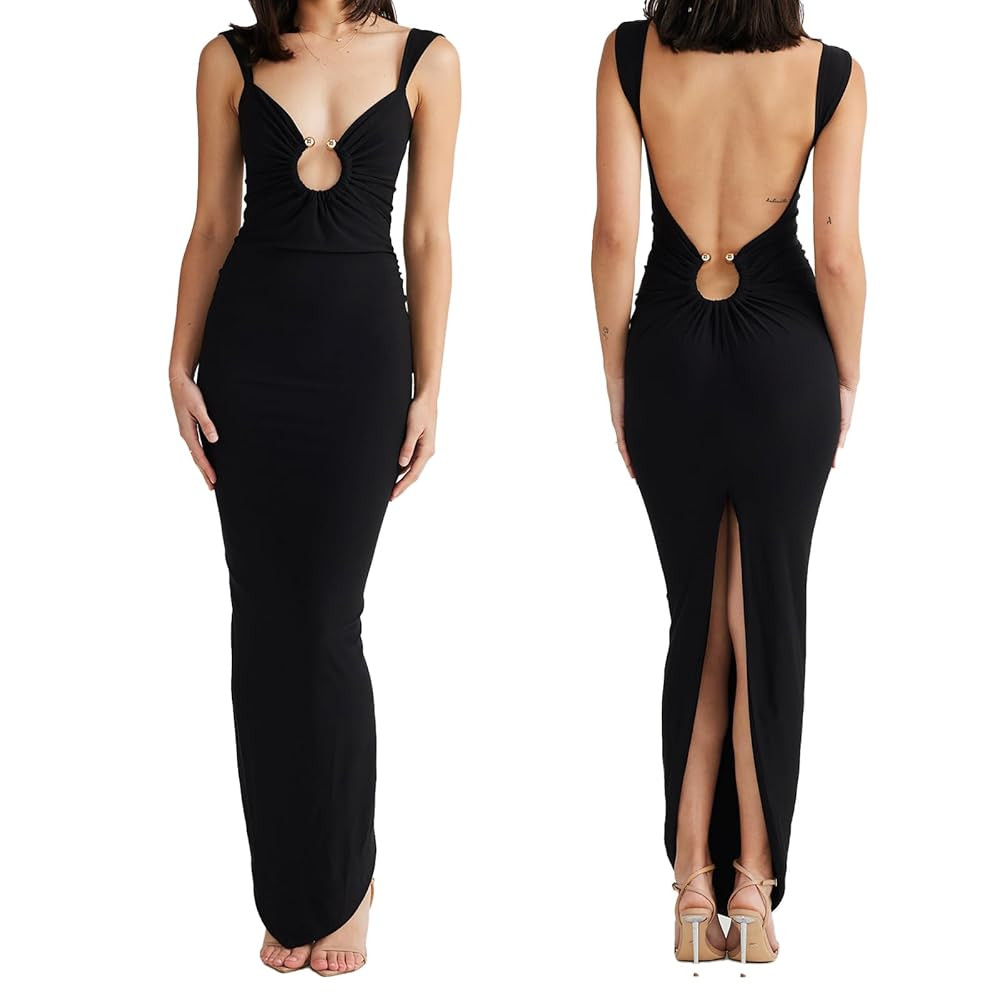Women Sexy Backless Dress V Neck Sleeveless Open Back Split Maxi Dress Party Cocktail Bodycon Lon... | Amazon (US)