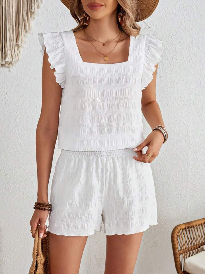 SHEIN VCAY Women's Solid Color Frill Hem Top And Shorts Two-Piece Set, For Vacation | SHEIN
