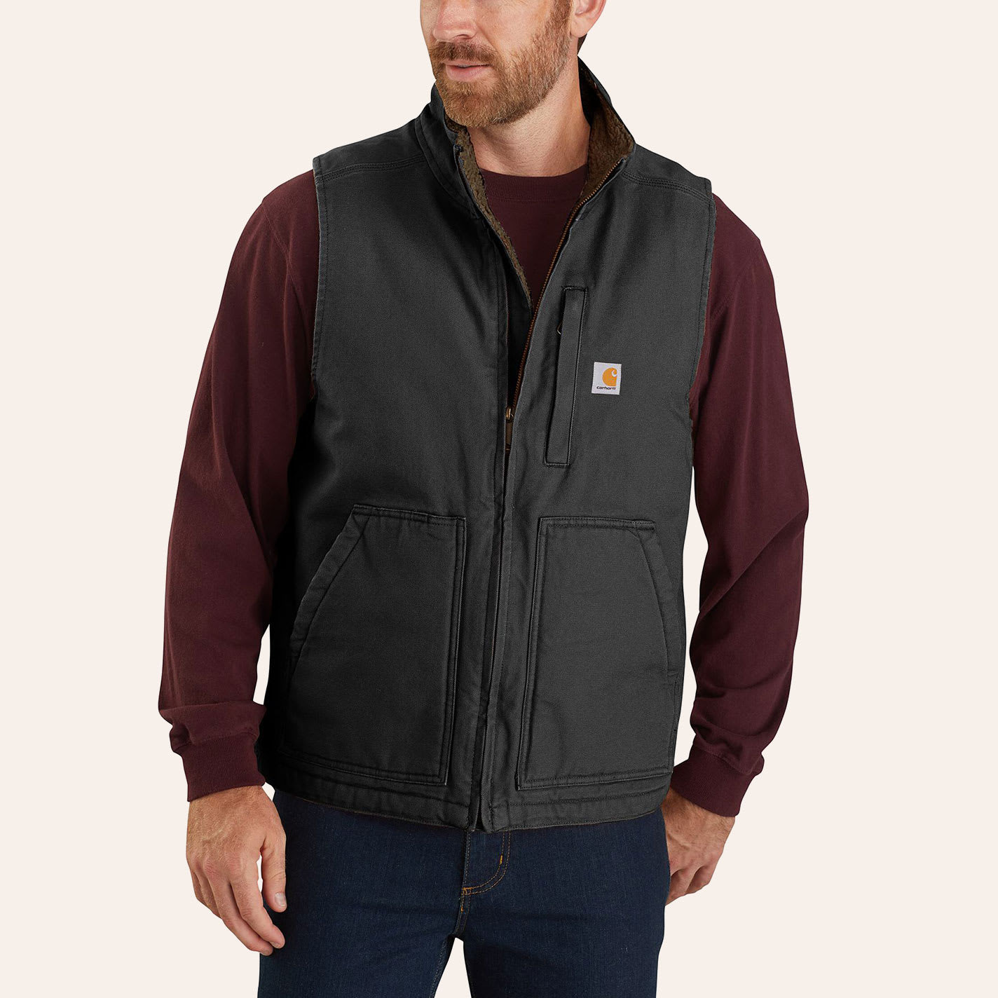 Carhartt Men's Black Washed Duck Mock Neck Sherpa Lined Vest - XXL - From Cavender's | Cavender's
