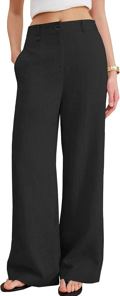 Women's 100% Linen Pants Loose Flowy Summer Fashion Straight Dress Pants | Amazon (US)