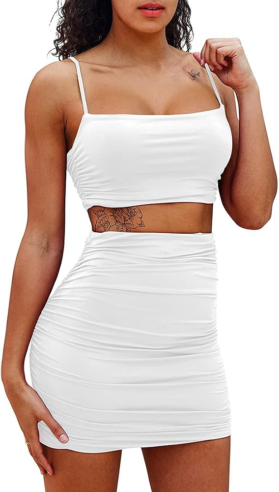 BEAGIMEG Women's Ruched Cami Crop Top Bodycon Skirt 2 Piece Outfits Dress | Amazon (US)