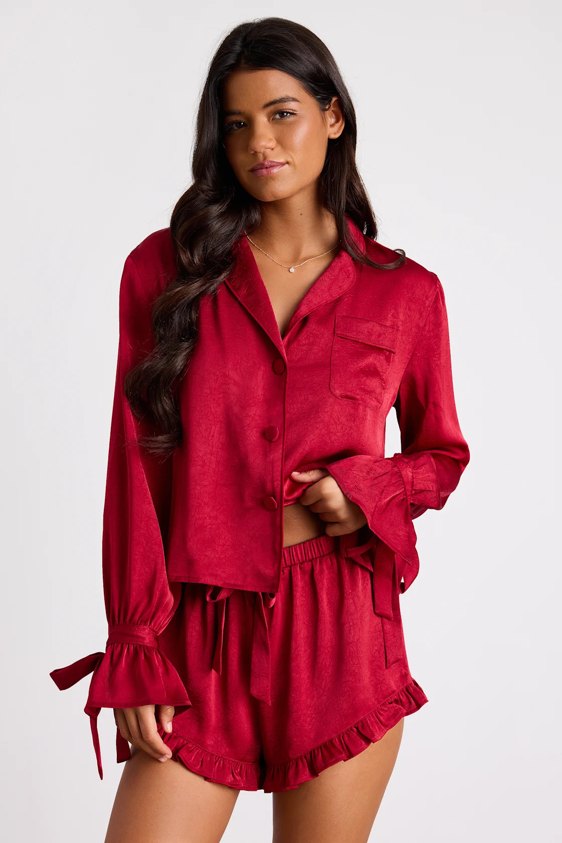 Kelda Dark Red Satin Ruffled Two-Piece Pajama Set | Lulus