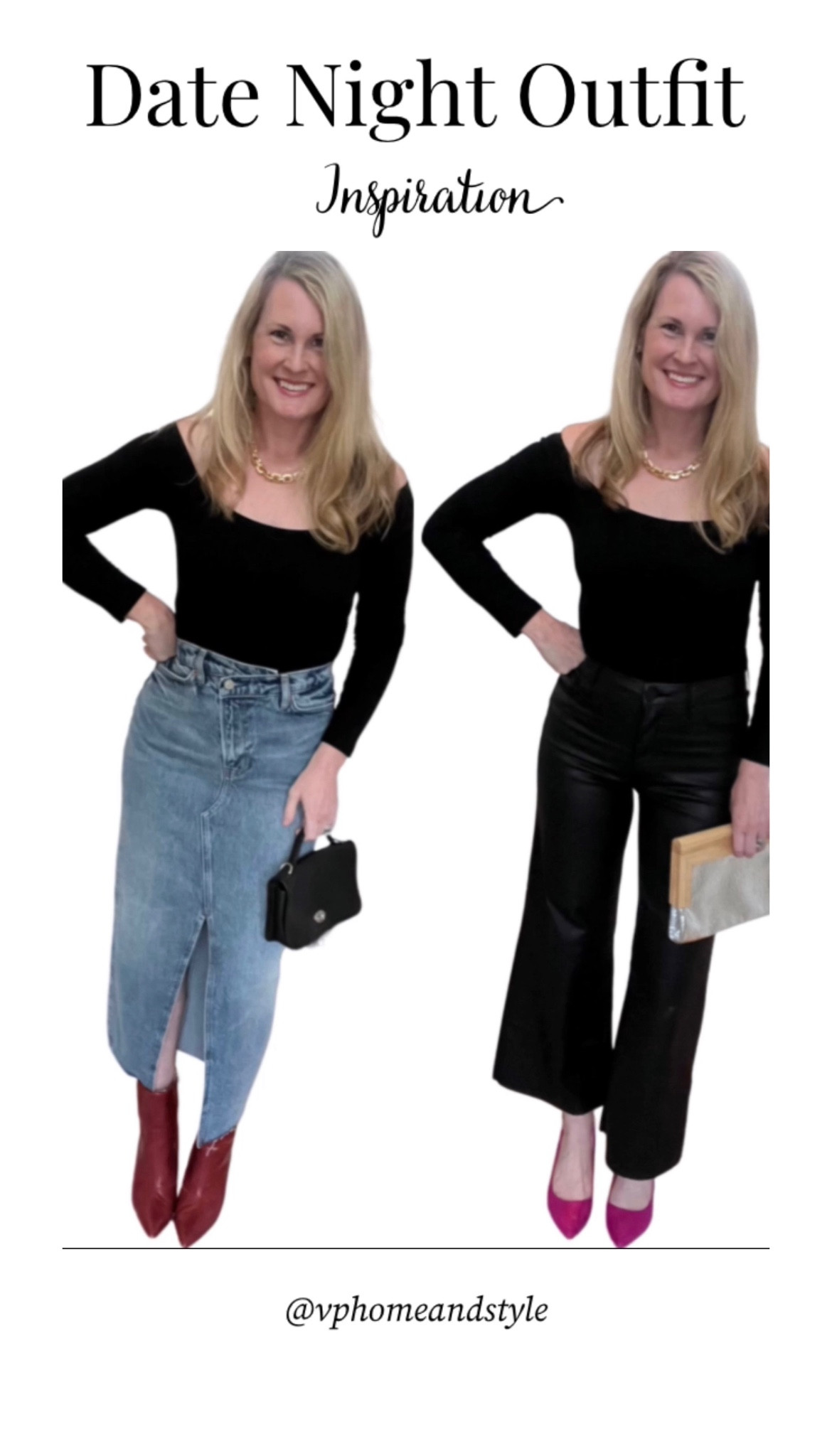 Date Night Outfit ideas! I paired this Amazon off the shoulder bodysuit 2 ways ❤️ with a denim maxi skirt and booties and black coated jeans with pink heels! 

Bodysuit: TTS
Denim maxi skirt: TTS (asymmetrical zipper; no stretch)
Coated denim: TTS (stretchy)
Both shoes: TTS

GNO, girls night out outfit, holiday outfit, pink heels, red boots

#LTKparties #LTKstyletip #LTKHoliday