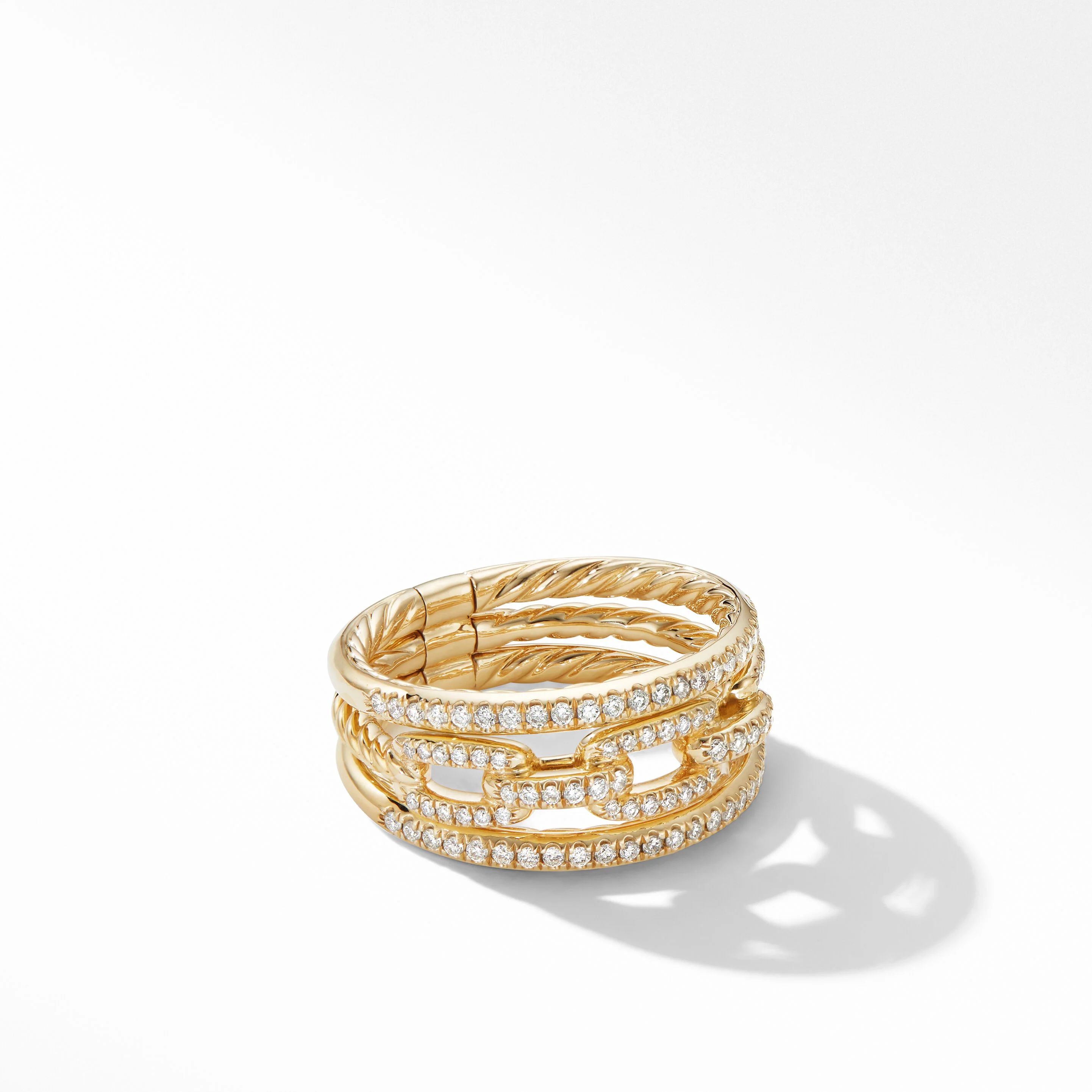 Stax Three Row Chain Link Ring in 18K Yellow Gold and Pavé Diamonds | David Yurman