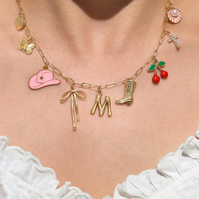 Charms Necklace for Women, Summer Beach Initial Charm necklace Paperclip Chain Costal Cowgirl Che... | Amazon (US)