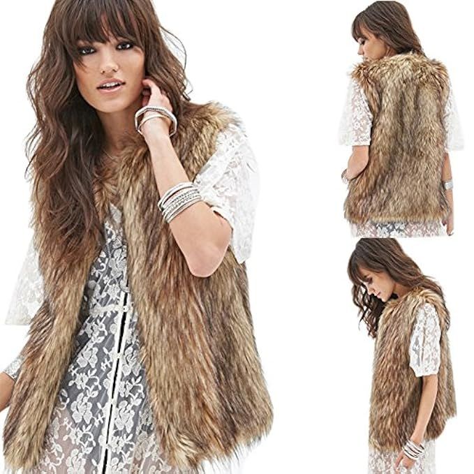 Dikoaina Womens Ladies Fashion Autumn and Winter Warm Short Faux Fur Vests Outwear Jacket | Amazon (US)