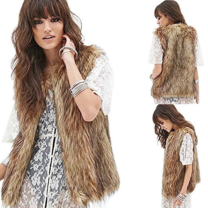 Dikoaina Womens Ladies Fashion Autumn and Winter Warm Short Faux Fur Vests Outwear Jacket | Amazon (US)