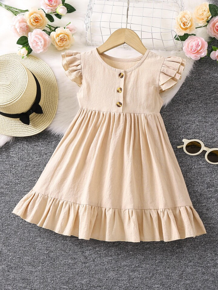 SHEIN Young Girl Peach Solid Color, Casual Style, Simple Design, Round Neck, Puff Sleeve, Ruffle ... | SHEIN