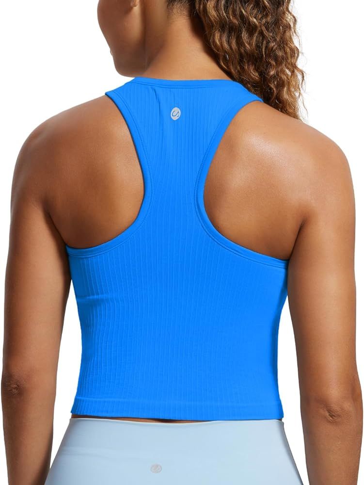 CRZ YOGA Womens Seamless Ribbed Longline High Neck Sports Bra - Racerback Padded Slim Fit Crop Ta... | Amazon (US)