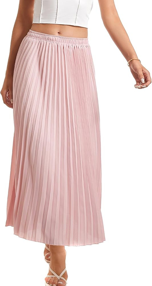 Womens Elastic High Waist Flowy Pleated Skirt Chiffon Swing A-line Beach Maxi Skirt | Amazon (US)