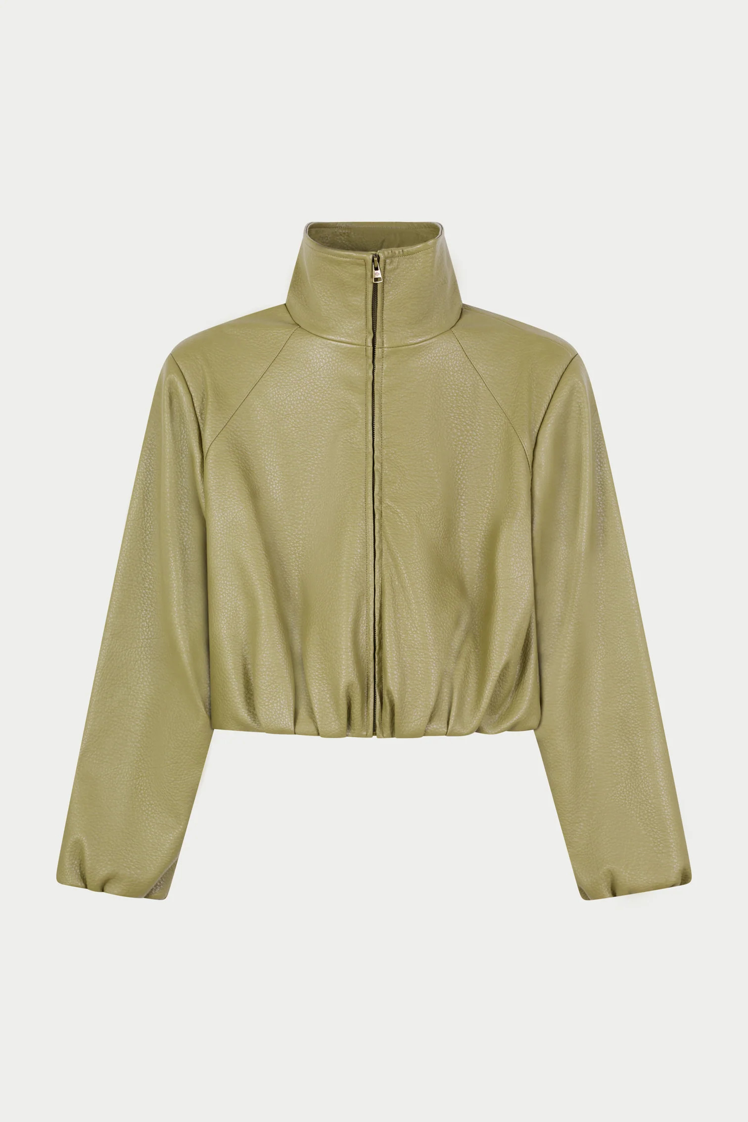 FUNNEL NECK BALLOON HEM FAUX LEATHER JACKET - OLIVE | The Couture Club