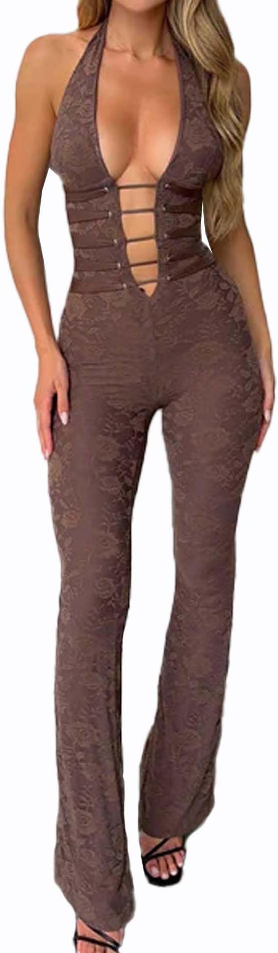 SEMATOMALA Women's Halter Sleeveless Sexy Floral Lace Bodycon Jumpsuit Lace Up Deep V Neck Party ... | Amazon (US)