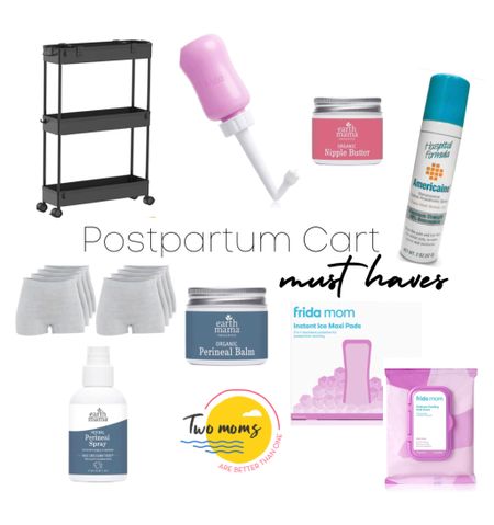 A friend of ours made a “postpartum cart” for her wife and I was 🤯 and three weeks after birth it’s right next to the toilet and I still use mine! 

FridaMom has a whole postpartum kit which had some cool things but honestly the only game changer from their line was the 🧊 Pads. 

The real game changer however was Earth Mama’s Perineal Balm which I used religiously once the swelling decreased. I’d get an extra to keep in your purse! The perineal spray I’ve used for both my births when I stopped needing so much benzocaine spray and I really believe it sped up the healing. 

Also get a Nipple 🧈 for every room in your house! 