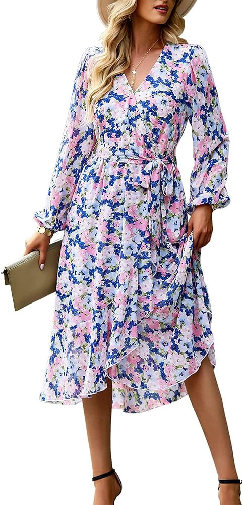 PRETTYGARDEN Women's Floral Print Boho Dress Long Sleeve Wrap V Neck Ruffle Belted A-Line Flowy M... | Amazon (US)