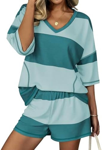 Ekouaer Two Piece Sets for Women Summer Lounge Sets 2026 Striped Shirts and Shorts Set Oversized ... | Amazon (US)