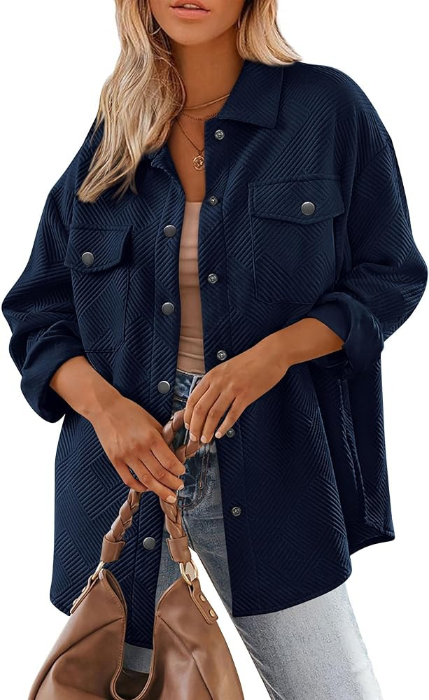 PRETTYGARDEN Women's 2024 Button Down Shacket Jackets Fall Clothes Collared Long Sleeve Textured ... | Amazon (US)