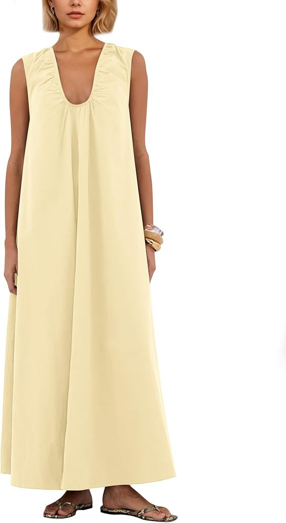 Women Flowy Maxi Dress Ruched Sleeveless Long Dress Vacation Fashion Summer Casual Loose Fit Sund... | Amazon (US)