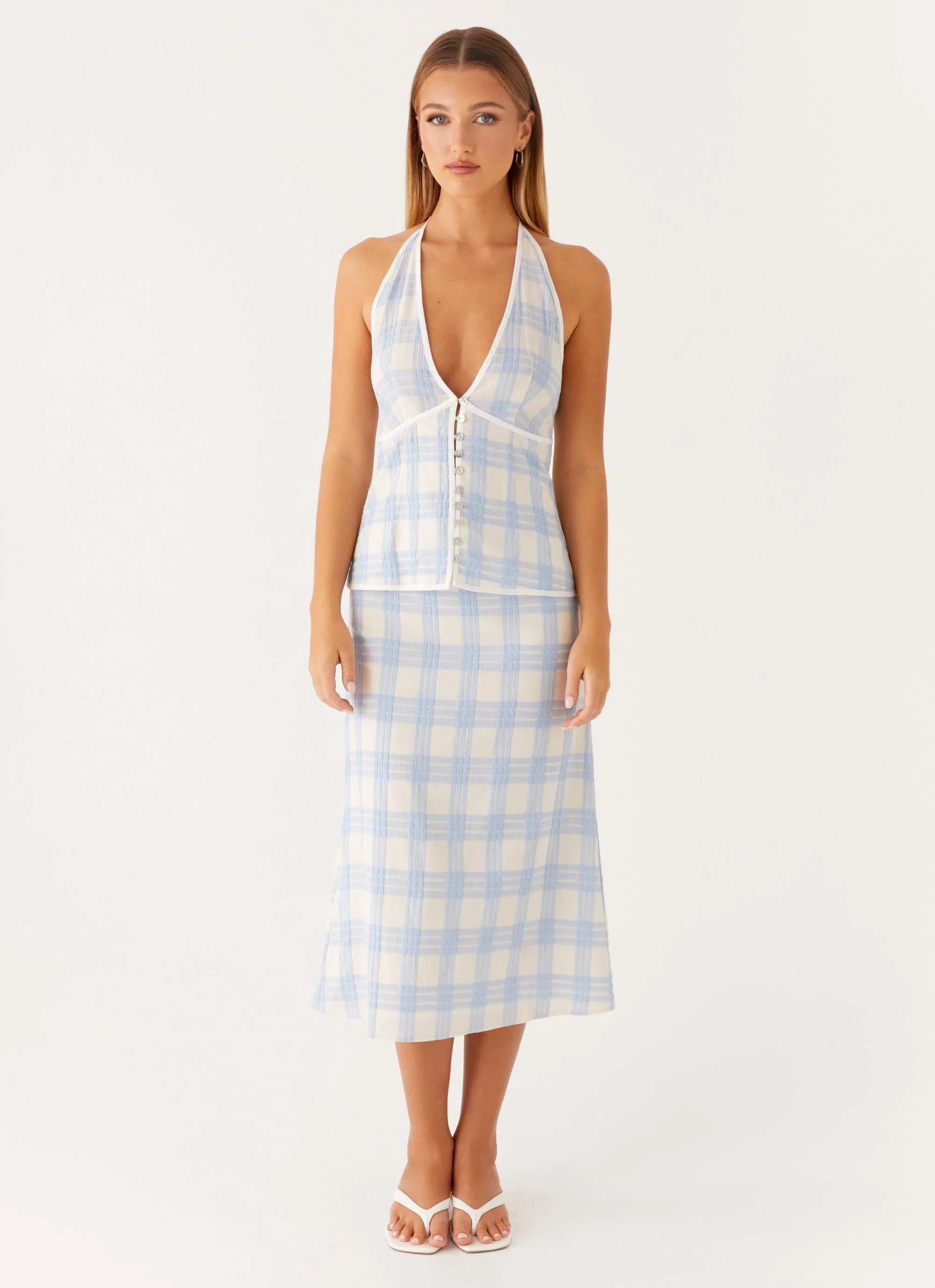 Esther Midi Skirt - Blue Check Seersucker | Peppermayo (Global)