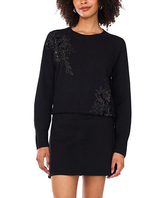 Women's Crewneck Embellished Sequin Floral Long-Sleeve Sweater | Macy's