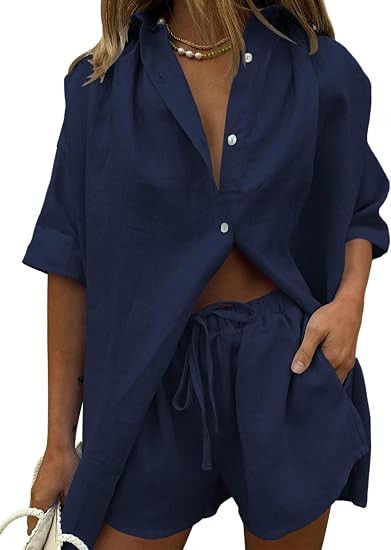 Fixmatti Women 2 Piece Outfits Long Sleeve Button Down Blouse and Shorts Sweatsuit Sets | Amazon (US)